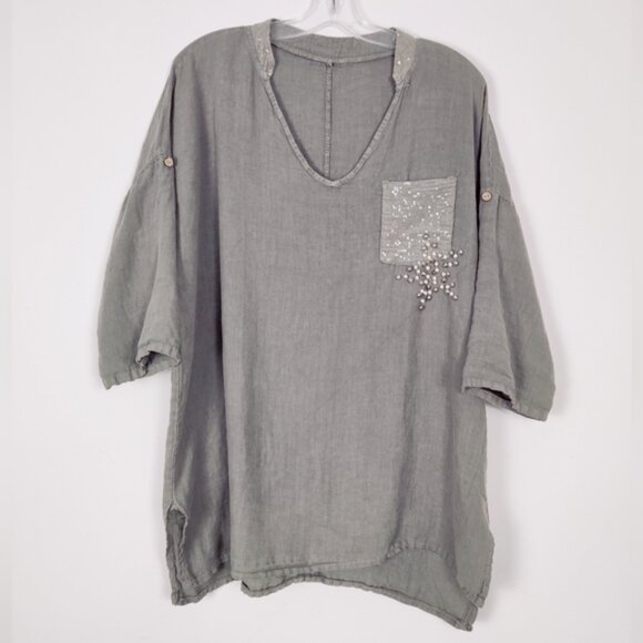 Womens Oversized Green Linen Tunic with Sequin Pocket - Made in Italy - Picture 1 of 5